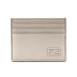 Fendi FF Logo Gray & Blue Pebbled Calf Leather Card Case