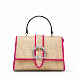 Jimmy Choo “Cheri” Crystal Raffia w/ Leather Trim Med Handbag