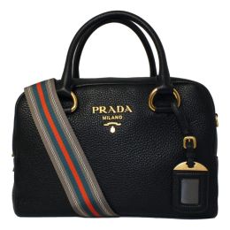 Prada Satchel in Luxurious Calf Leather w/ Striped Strap - Black