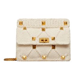 Valentino Garavani "Roman Stud" Knit Cashmere Shoulder Bag (Please choose color: Ivory)